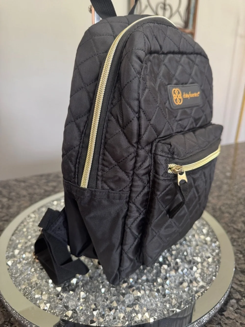 Daisy Fuentes Quilted Black Mini Backpack with Gold Accents EUC